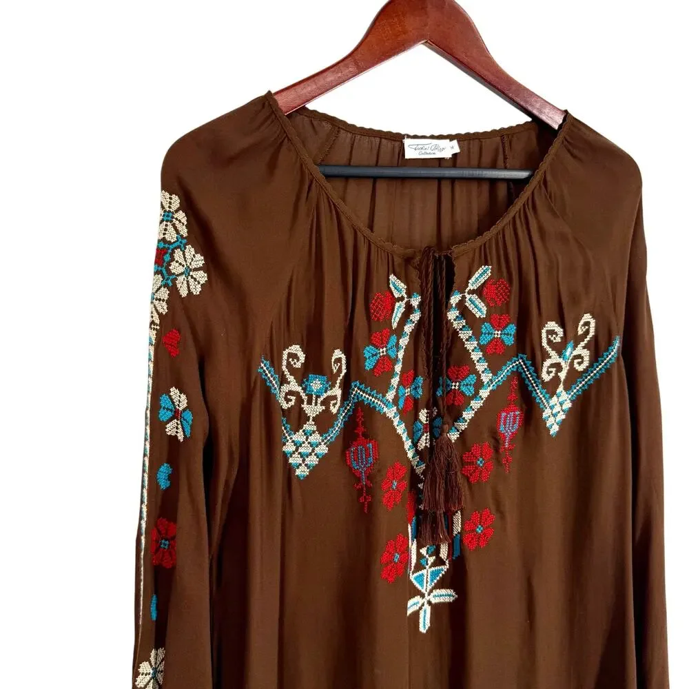 Tasha Polizzi Collection Womens Medium Brown Embroidered Blouse Shirt Top - Picture 3 of 8